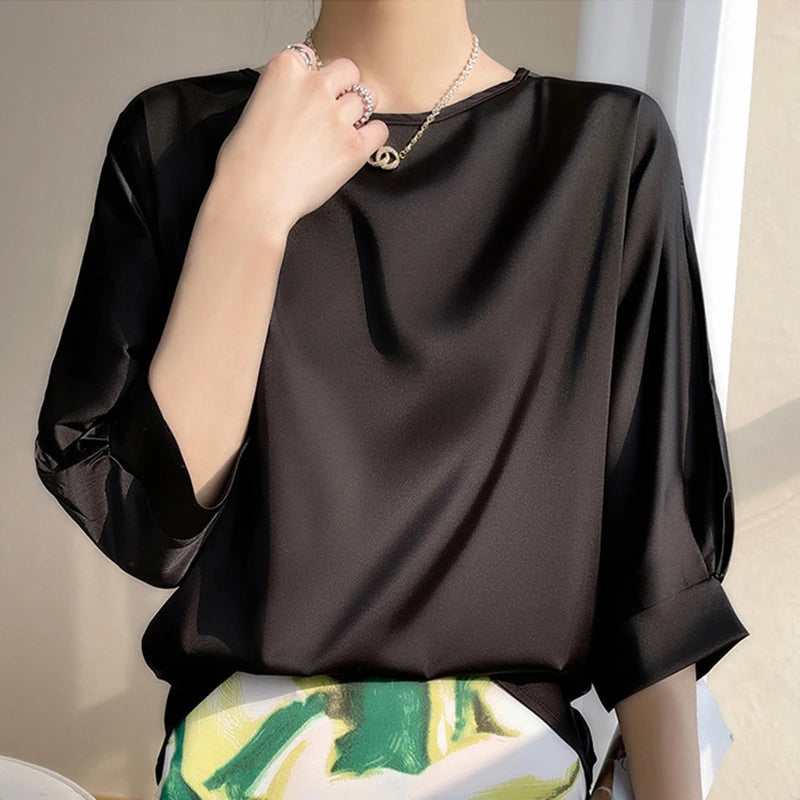 SATIN SILK HALF-SLEEVE BLOUSE