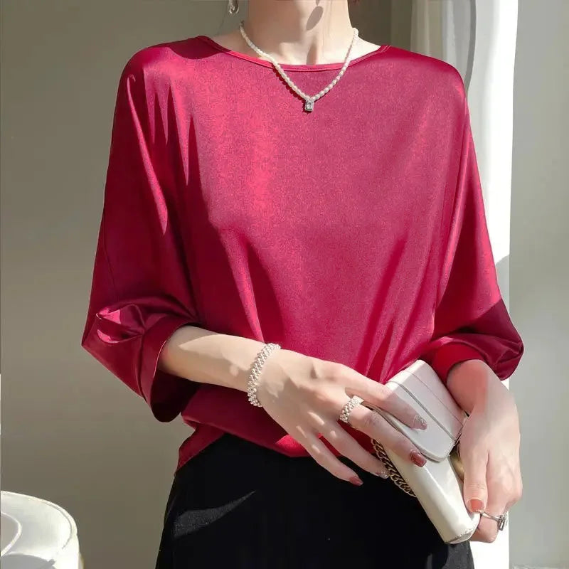 SATIN SILK HALF-SLEEVE BLOUSE