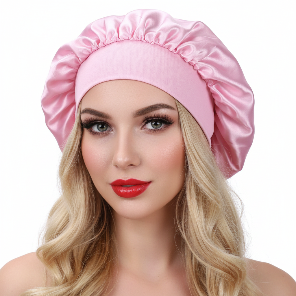 Blonde model wearing pink bonnet