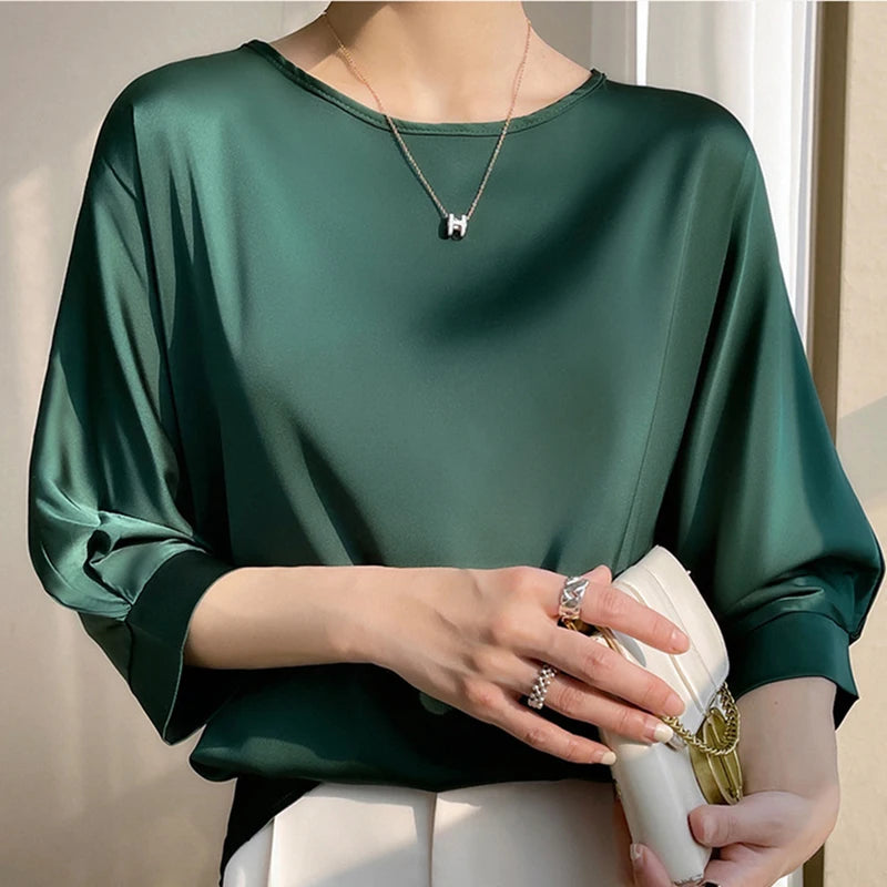 SATIN SILK HALF-SLEEVE BLOUSE